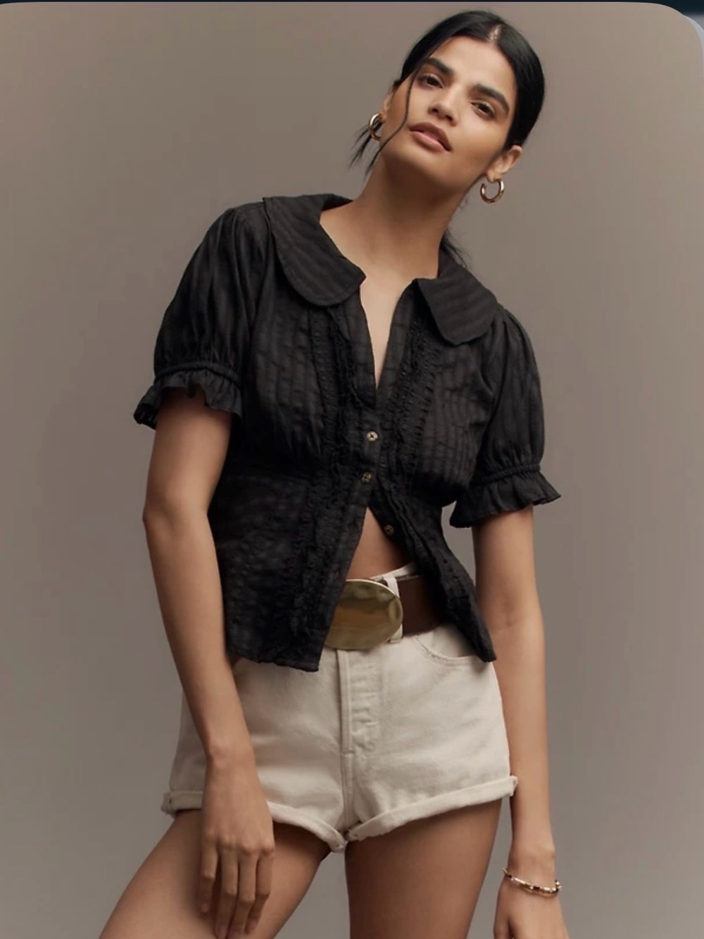 Anthropologie Black Ruffled Button-Front Women's Top size L nwot